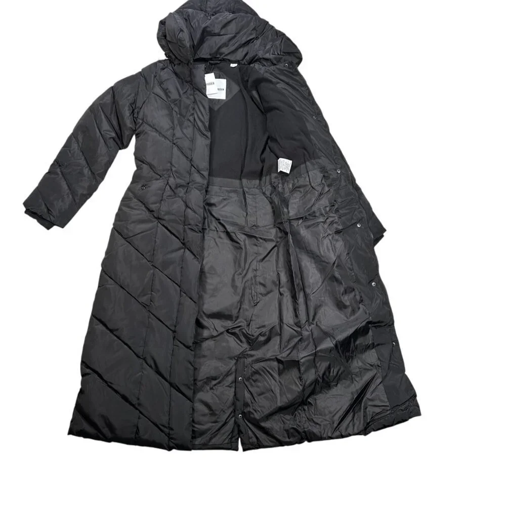 Steve Madden XS Women Pillow Collar Long Puffer Chevron Winter Coat Jacket Black